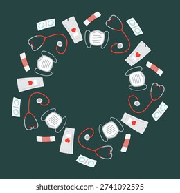 Vector round frame with medical first aid supplies. Minimal flat illustration on dark background including gloves, protective mask, pipette, thermometer, medicine and capsules, perfect for healthcare design, medical theme, posters, information materials, branding and templates.
