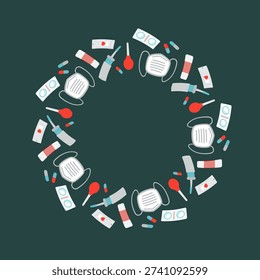 Vector round frame with medical first aid supplies. Minimal flat illustration on dark background including gloves, protective mask, pipette, thermometer, medicine and capsules, perfect for healthcare design, medical theme, posters, information materials, branding and templates.
