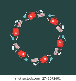 Vector round frame with medical first aid supplies. Minimal flat illustration on dark background including gloves, protective mask, pipette, thermometer, medicine and capsules, perfect for healthcare design, medical theme, posters, information materials, branding and templates.