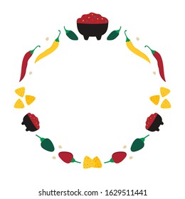 Vector round frame with mexican food, salsa bowls and chili peppers.