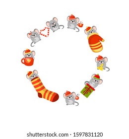 Vector round frame with mice in hats with a ball, a cup, cheese, sitting in a red and yellow sock and a mitten, on a gift box. Cartoon funny animal. Christmas card. Funny winter illustration