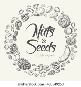 Vector round frame of nuts and seeds. Vector  illustration for your design 