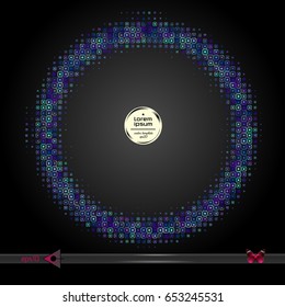 Vector round frame. On black. Abstract half tone graphic element pattern background. Circle, halftone, blue, black