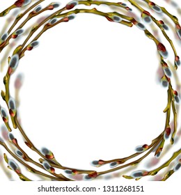Vector round frame on a white background of realistic willow branches with a beautiful bud and fluffy earrings.