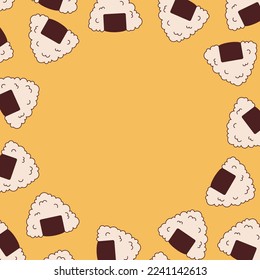 Vector round frame with onigiri in retro style. Groovy template with japanese traditional food. Border with asian food 70s.