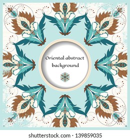 Vector round frame with oriental floral elements. Shabby surface. Place for your text. Perfect for greetings, invitations or announcements. The main element under mask.