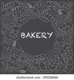 Vector round frame. Outlined drawing of the bakery on the blackboard.