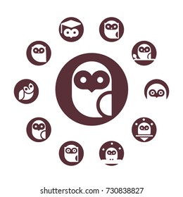 Vector round frame with owl icons. Cartoon style, flat vector illustration for design.
