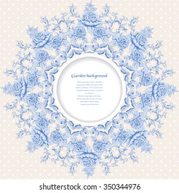 Vector round frame. Pattern of a bouquet french roses and polka dot backdrop. Place for your text.