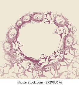 vector round frame with peacock feathers, peacock and flowers