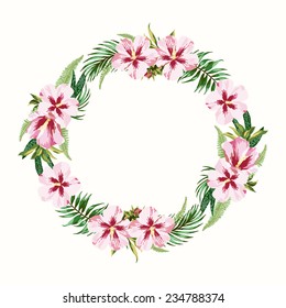 Vector round frame with pink hibiscus flowers.