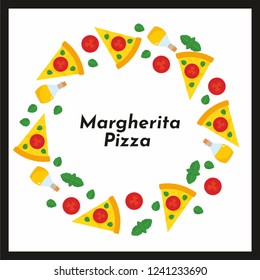 Vector round frame of pizza and ingredients. Background for invitations, advertisements, postcards. Option No6