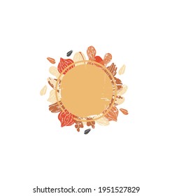 Vector Round Frame with Place for Text and Various Nuts and Grains around it. Can be yused as  element for Background, template, border, backdrop, label, banner, flyer, card, cover, menu.