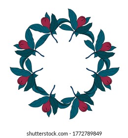 Vector round frame of pomegranate leaves, seeds and flowers. Vector illustration wreath of pomegranate and leaves. Can be used as a greeting card for background, birthday, mother's day and so on.