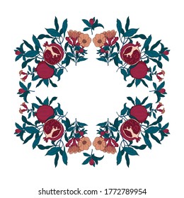 Vector round frame of pomegranate leaves, seeds and flowers. Vector illustration wreath of pomegranate and leaves. Can be used as a greeting card for background, birthday, mother's day and so on.