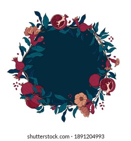 Vector round frame of pomegranate leaves, seeds and flowers. Vector illustration wreath of pomegranate and leaves. Can be used as a greeting card for background, birthday, mother's day and so on.