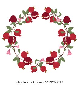 Vector round frame of pomegranate with seeds and leaves on a white isolated background. Can be used as a greeting card for background, birthday, mother s day.