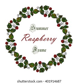 Vector round frame with raspberries. Vector colored raspberry frame. Summer template card. Save the date vector circular illustration.