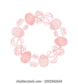 Vector round frame from red doodle Easter eggs on white background. Easter holiday template