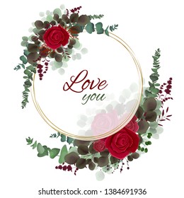 Vector round frame. Red roses, lavender silhouette, dark and light leaves. Wedding invitation template. All elements are isolated.