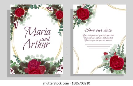 Vector round frame. Red roses, lavender silhouette, dark and light leaves. Wedding invitation template. All elements are isolated.
