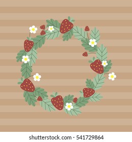 Vector round frame with red strawberries. Simple berries, flowers and leaves.