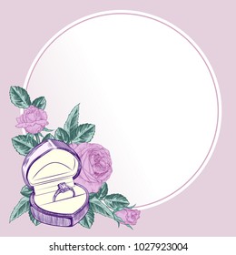 
Vector round frame with a ring in a case and a composition  with roses.  Vector illustration for greetings, cards. Wedding design.
