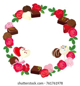 Vector round frame of roses  and chocolate. Valentine's Day  illustration