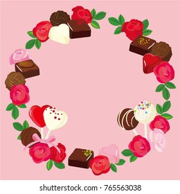 Vector round frame of roses and chocolate. Valentine's Day illustration