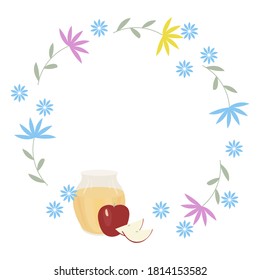 Vector of round frame for Rosh Hashanah greetig or invitation card.Empty space for text.Honey,apple,flowers
