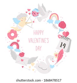 Vector round frame with Saint Valentine’s day elements. Love concept wreath. Design for banners, posters, invitations. Cute romantic February holiday card template with cupid, swan, dove.
