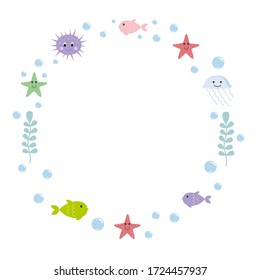 Vector round frame with sea life and sea waves. World ocean day. Children's cartoon illustration for the design of postcards, stickers, books, albums, logos and children's clothing.
