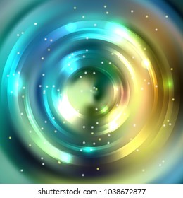 Vector round frame. Shining circle banner. Vector design. Glowing spiral. Green, yellow, blue colors.