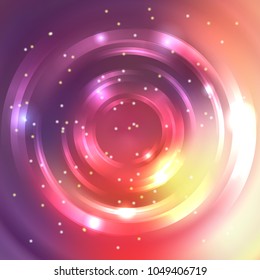Vector round frame. Shining circle banner. Vector design. Glowing spiral. Yellow, pink, purple colors.