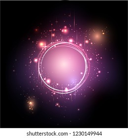 Vector round frame  shining circle banner illustration for web and print, bright background , motion magic circle purple orange violet down colors