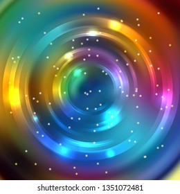 Vector round frame. Shining circle banner. Vector design. Glowing spiral. Blue, pink, black, yellow colors.