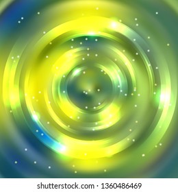 Vector round frame. Shining circle banner. Vector design. Glowing spiral. Yellow, green, blue colors.