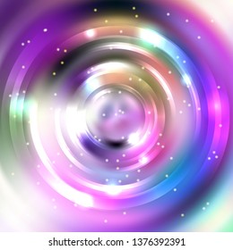 Vector round frame. Shining circle banner. Glowing spiral. Vector illustration. Pink, blue, white colors.