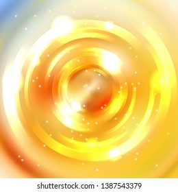 Vector round frame. Shining circle banner. Vector design. Glowing spiral. Yellow, orange colors.