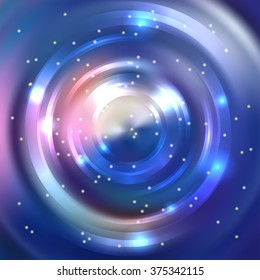 Vector round frame.  Shining circle banner. Vector design. Glowing spiral. Blue color. 