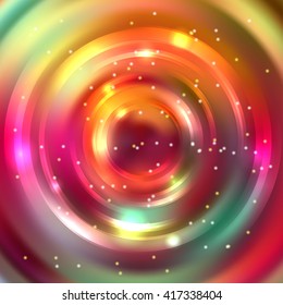 Vector round frame. Shining circle banner. Glowing spiral. Vector illustration. Yellow, pink, purple, green colors. 