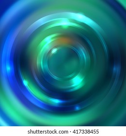 Vector round frame. Shining circle banner. Glowing spiral. Vector illustration, Blue, green colors. 