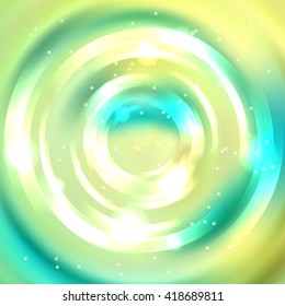 Vector round frame. Shining circle banner. Glowing spiral. Vector illustration. White, yellow, green colors. 