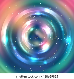 Vector round frame. Shining circle banner. Glowing spiral. Vector illustration. Blue, green, pink colors. 