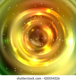 Vector round frame.  Shining circle banner. Vector design. Glowing spiral. Yellow, orange colors. 