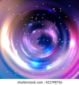 Vector round frame. Shining circle banner. Glowing spiral. Vector illustration. Pink, purple, blue, white colors. 