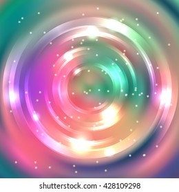 Vector round frame. Shining circle banner. Glowing spiral. Vector illustration. Pink, green, orange colors