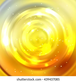Vector round frame. Shining circle banner. Glowing spiral.  Yellow, orange colors. 
