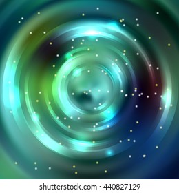 Vector round frame. Shining circle banner. Glowing spiral. Vector illustration. Blue, green color. 