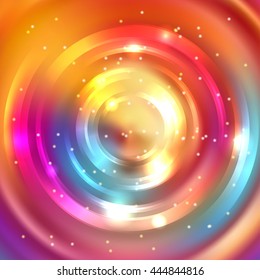Vector round frame.  Shining circle banner. Vector design. Glowing spiral. Yellow, orange, pink colors. Colorful background. 
